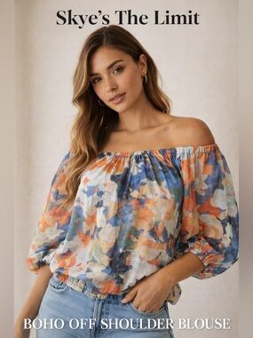 Skye's the Limit Boho Off-Shoulder Blouse in Blue, Orange, Cream